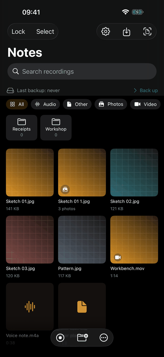 An opened vault: two folders and below them a grid of images, a video and an audio recording, each with its name and size.