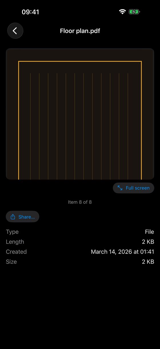 The detail view of a PDF with a preview, a share button and its type, size and creation date.