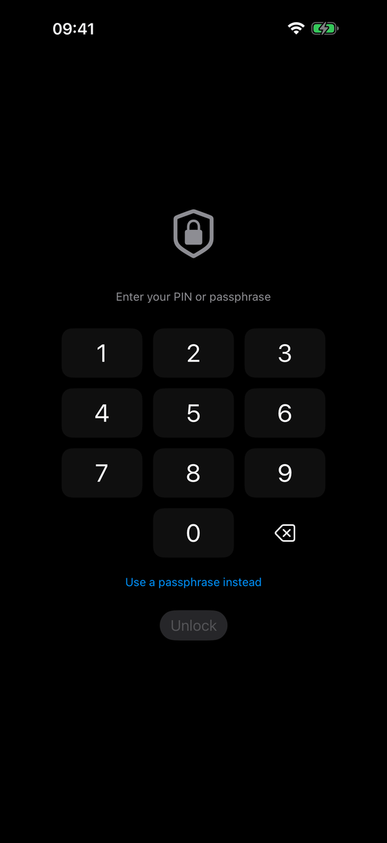 Vaultora's lock screen: a keypad below the prompt to enter your PIN or passphrase. No vault is shown beforehand.