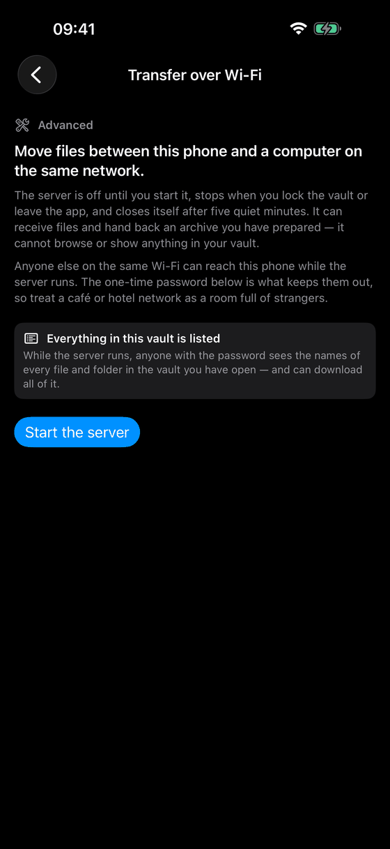Transfer over Wi-Fi: the server only runs once started, and a notice states plainly that every file and folder name in the opened vault is visible while it does.
