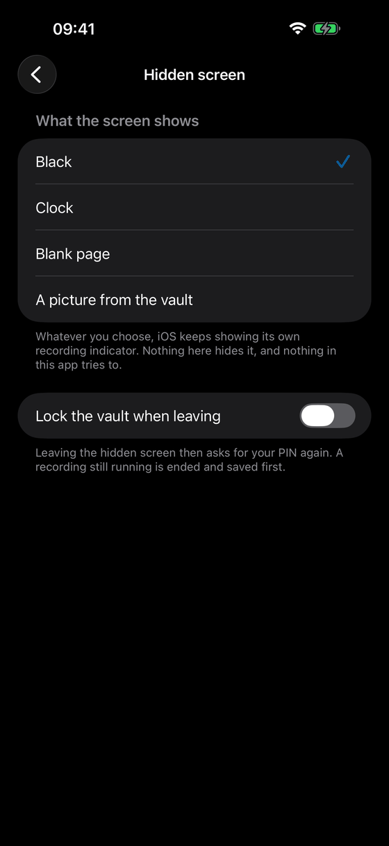 Settings for the hidden screen: black, a clock, a blank page or a picture from the vault, noting that iOS keeps showing its own recording indicator.